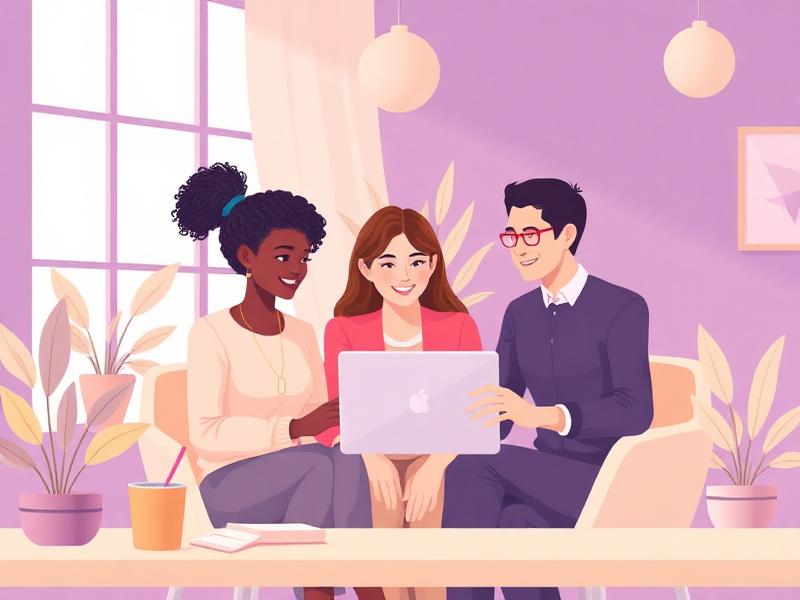 Three colleagues collaborating around a laptop