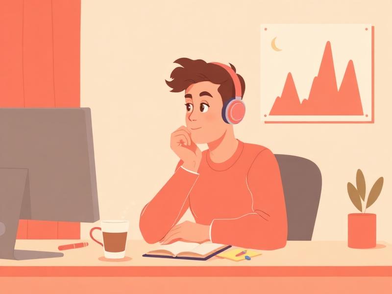 Person at a desk with sticky notes and headphones